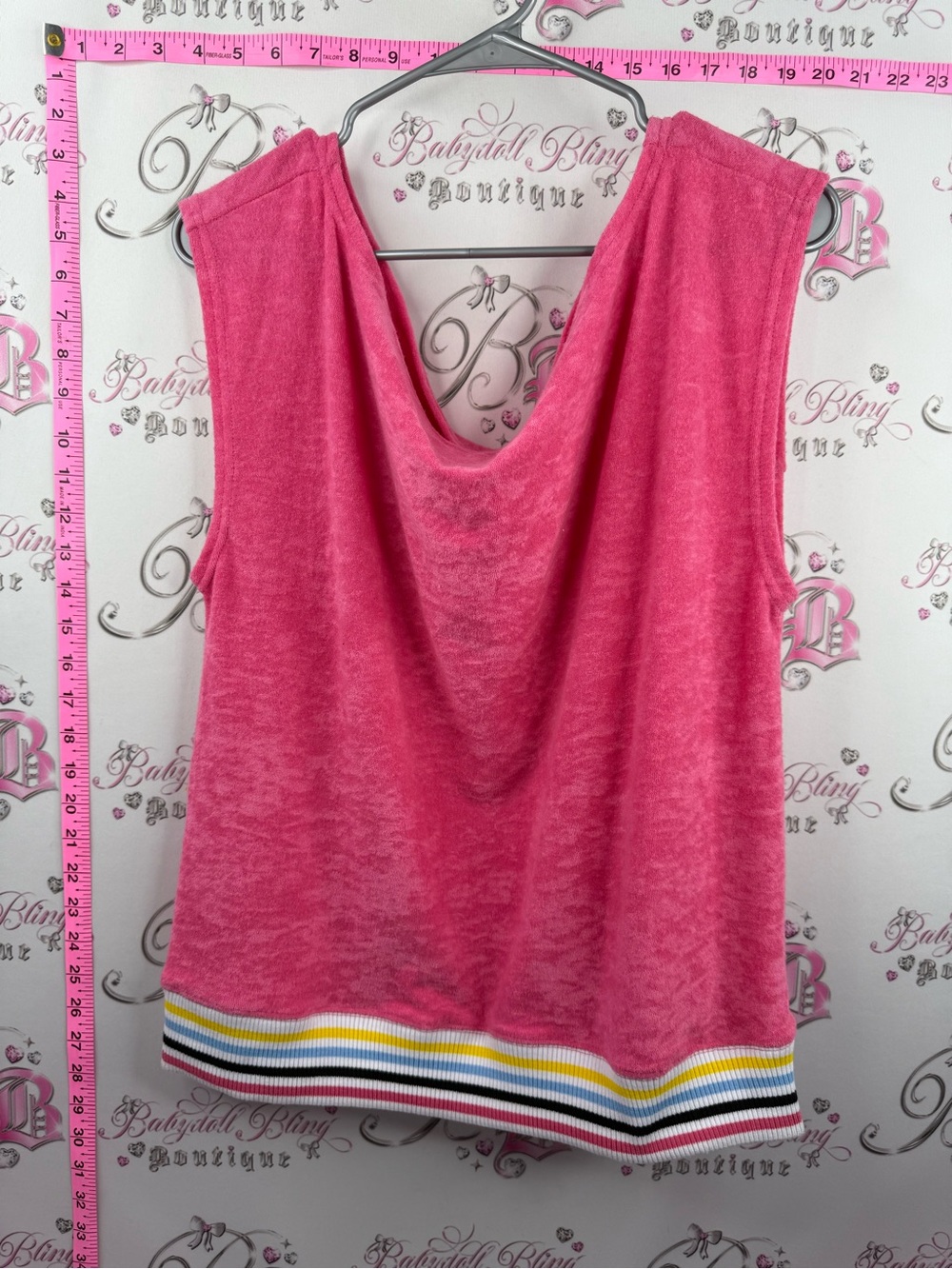 Terry cloth top vintage Pink Sleeveless Cowl Neck Tank Top with Striped Hem